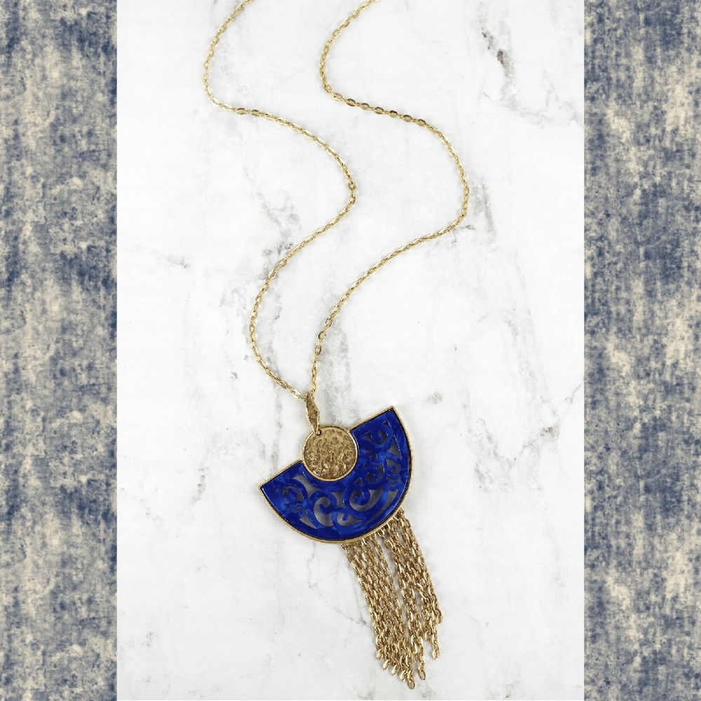 Boho Chic Filagree Resin Crescent Half Moon long chain Fringe statement necklace - Picture 4 of 11